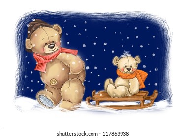 Teddy bears: Dad and son sledge