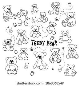 Teddy bears illustration by black outline on a white back ground