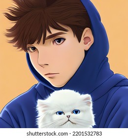 Teen Boy With Brown Hair And Big Blue Eyes, Wearing A Hoodie