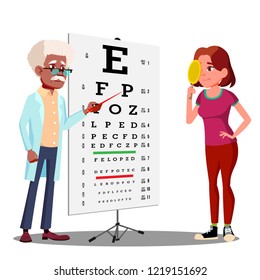 Teen Girl Making Test Chart In Ophthalmologist S Cabinet. Illustration