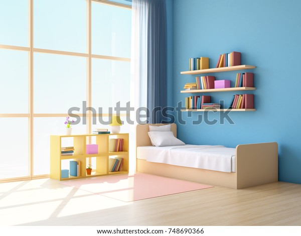 teen room with big window in japanese style. 3d illustration