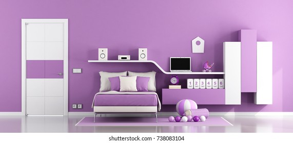 Teen Room For Boy With Large Bed Wall Unit And Closed Door - 3d Rendering