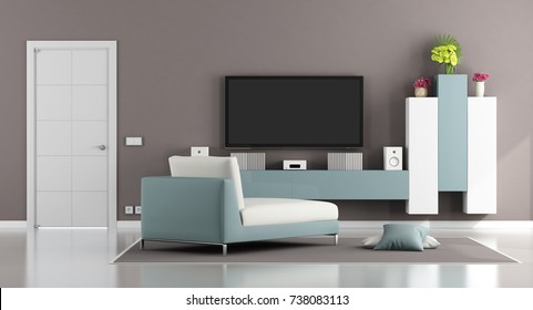 Teen Room For Boy With Large Bed Wall Unit And Closed Door - 3d Rendering