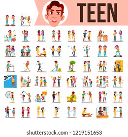 Teen Set. Teenager Spending Time Together At Home, Outdoor. Girl, Guy. Lifestyle Situations. Cartoon Illustration - Powered by Shutterstock