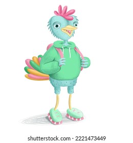 A Teenage Cock Bird With A Backpack. Bright Character, School Fashion.