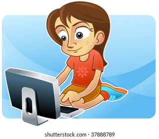 Teenage Girl Browsing Internet Desktop Computer Stock Illustration ...