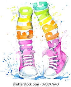 Teenager girl in sneakers. Watercolor sports shoes. Hello Spring text. 