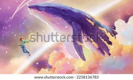 Teenager Soaring With Whale Illustration hand drawn digital art, digital painting