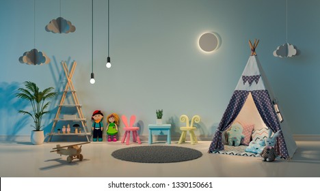 Teepee In Child Room Interior At Night, 3D Rendering