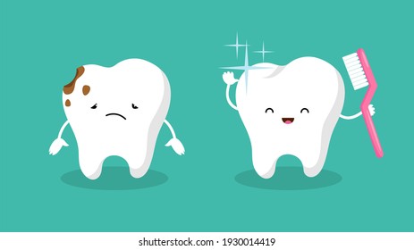 Teeth. Plaque Terth, Shiny White Tooth. Mouth Hygiene And Toothache. Dental Happy And Sad Characters