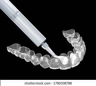 Teeth Whitening Kit, Adding Gel In To Invisalign. 3D Illustration Concept.