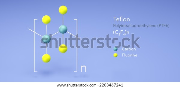 teflon, molecular structures,\
polytetrafluoroethylene, ball and stick model 3d, Structural\
Chemical Formula and Atoms with Color\
Coding