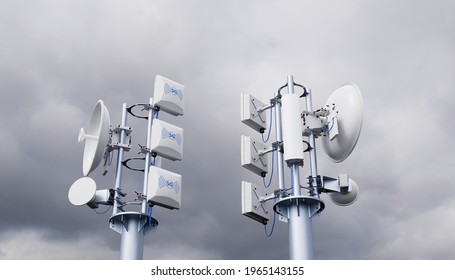 Telecommunication tower with 5G cellular network antenna against stormy sky with clouds, 3d rendering
