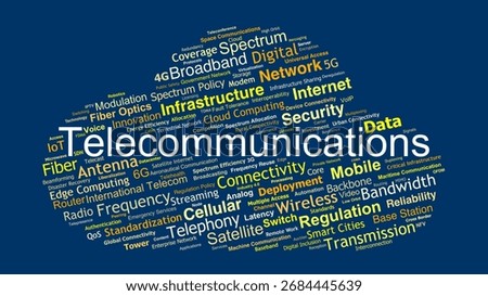 Telecommunications Word Cloud. Composition Of Terms Related To Connectivity, Spectrum, Digital Networks, Mobile Generations, IoT, And International Communication Technologies.