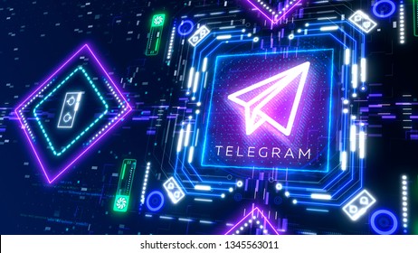 Telegram Sign 3d Illustration. Digital Paper Plane Glow Neon Symbol