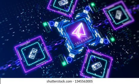 Telegram Social Network Concept 3d Render. Hi-tech Digital Symbol On Abstract Glitch Background