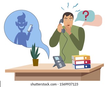 Telephone Con Man. Flat Style Cartoon Raster Illustration