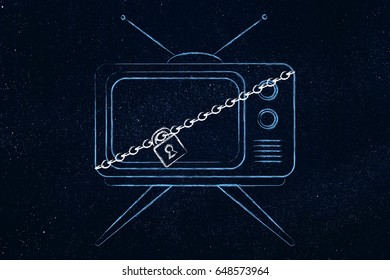 Television With Lock And Chain, Concept Of Unavailable Video Content Or Lack Of Spare Time For Watching