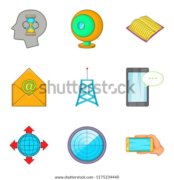 Television network icons\
set. Cartoon set of 9 television network icons for web isolated on\
white\
background