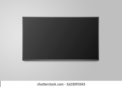 Television On White Wall, TV 4K Flat Screen Lcd Or Oled, Plasma Realistic Illustration, Black Blank HD Monitor Mockup, Modern Video Panel Black Flatscreen.