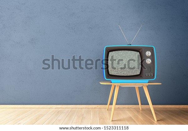 Television, telecommunication and\
broadcasting media technology concept, retro tv in an empty room\
with blue wall and wooden floor, 3d\
illustration
