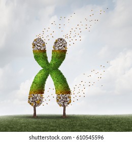 Telomeres length loss with DNA and shortening telomere medical concept as a tree with falling leaves on the end caps of a chromosome for aging and living a shorter life with 3D illustration elements.