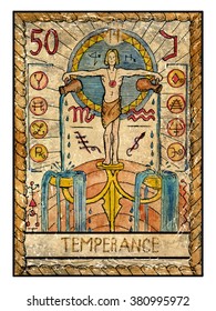 Temperance.  Full colorful deck, major arcana. The old tarot card, vintage hand drawn engraved illustration with mystic symbols. Water bearer or young man pouring water from two jars. Aquarius.