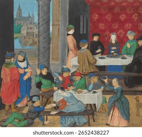 The Temperate and the Intemperate by Master of the Dresden Prayer Book. Vintage Catholic artwork, religious scene. Vintage art illustration, Catholic painting.