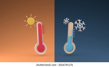 Temperature Contrast Cold And Heat Weather Minimal Thermometer Symbol 3D Rendering Illustration