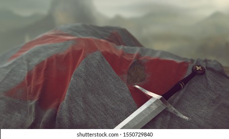 Templar knights flag. Crusade old torn banner and sword. 3d illustration