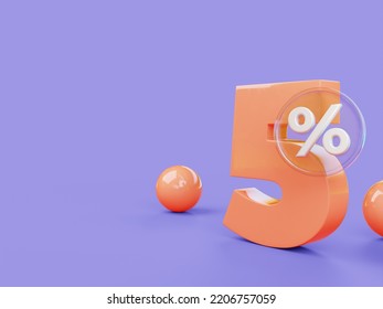 Template For Advertising Design With The Number Five. 5 Percent Discount And Glass Coin With Balls. 3d Rendering.