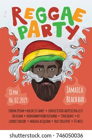 Template Of Advertising Poster For Reggae Music Concert Or Party. Black Man In Rasta Hat Making Smoke Cloud. Rastaman Smoking Marijuana. Illustration. Raster Version.