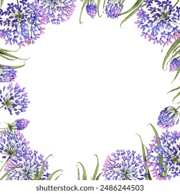 Template base with watercolor purple flowers. Allium flowers, garden onions. The template is suitable for creating cards, wedding invitations, gift certificates. - Powered by Shutterstock