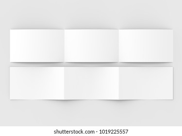 Template Of Blank Three Fold, Horizontal - Landscape Brochure Mock Up Isolated On Soft Gray Background. 3D Illustrating.