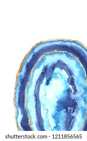 Template With Bright Hand Painted Watercolor Agate Slice In Blue Colors. Romantic Decorative Luxury Mineral Perfect For Gretting And Post Card, Banner And Print Poster Design