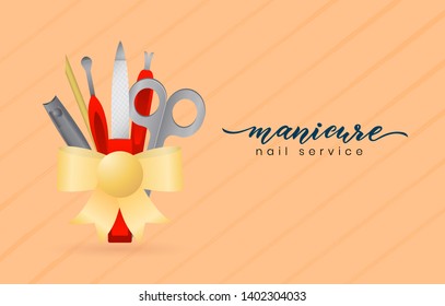 Template for business card with manicure equipment. Hand lettering Manicure. Nail service. Logo of nail studio, art school, service, inscription of package product, flyer, banner, brochure. - Powered by Shutterstock