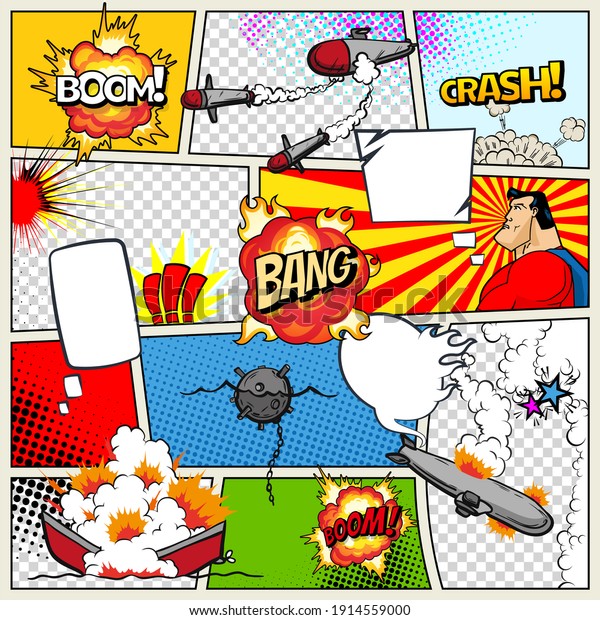 Template comic book page with warships. Pop art\
ships that explode. Military action. Comic book page divided by\
lines with speech bubbles superhero and sounds effect. Retro\
background\
mock-up