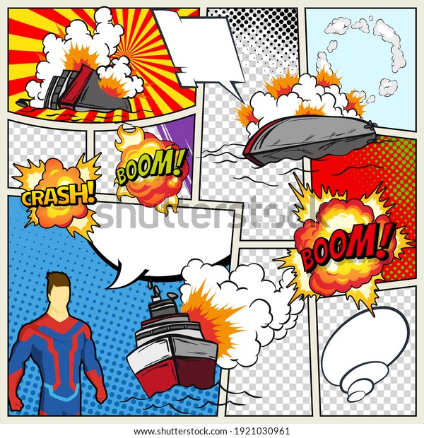 Template comic book\
page with warships. retro background mock-up. Comic book page\
divided by lines with speech bubbles superhero and sounds effect.\
Pop art ships that\
explode
