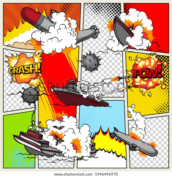 Template comic book page with warships. Pop art
ships that explode. Military action. Comic book page divided by
lines with speech bubbles superhero and sounds effect. Retro
background
mock-up