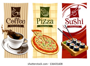 Template designs of food banners. Coffee, pizza and sushi. - Powered by Shutterstock