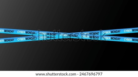 Template of empty black banner with crossed barricade tapes frame for Cyber Monday big sale, special offer. Wallpaper with discount stripes and blank space for text. Marketing, retail, online shopping