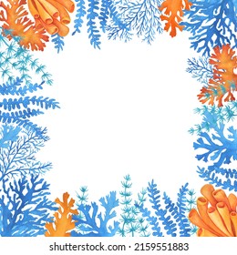 Template, frame with underwater life objects blue and orange sea plants. Illustrations of tropical aquarium seaweed. Marine aquarium flora design. Hand drawn watercolor painting on white background