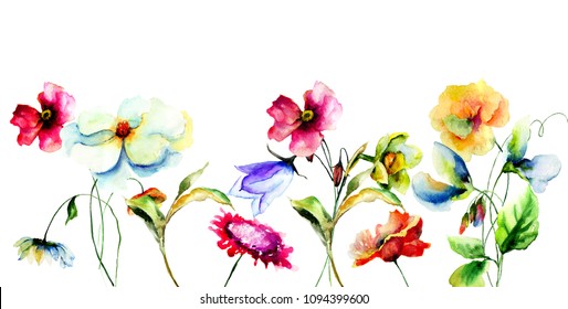 Template for greeting card and colorful wild flowers  watercolor illustration