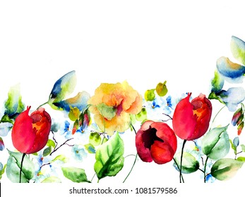 Template for greeting card and Garden flowers  watercolor illustration  Hand painted drawing