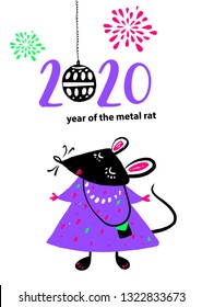 Template image violet mouse with black head, rat, mice on white background. Lunar horoscope sign 2020 Chinese Happy new year. Funny sketch mouse with long tail. illustration.