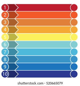 Template Infographic, The Numbered Colourful Horizontal Strips, Arrows, Points, Area For Text  Ten Positions.