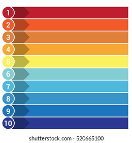 Template Infographic, The Numbered Colourful Horizontal Strips, Arrows Points Area For Text  Ten Positions.