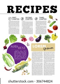 Template Of Magazine Article Recipe Design With Bright Watercolor Illustrations Of Fresh Vegetables.