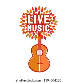 Template for musical poster, emblem, logo. Acoustic guitar silhouette. Minimalist cartoon design style. Live Music Festival show promotion advertisement. Seasonal event background vintage illustration - Powered by Shutterstock