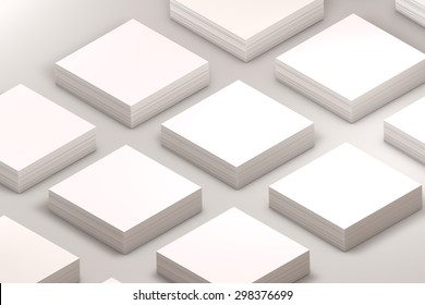 Template To Presentation. Place For Your Design. Many Cards. Stacks Of Paper. Greeting Cards. Flyers. Business Cards. White Background. Square Card. Warm Light